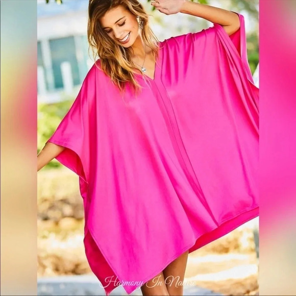 Hot Pink Poncho Tunic Top | Flowy Oversized V-Neck Cover-Up - Picture 5 of 7